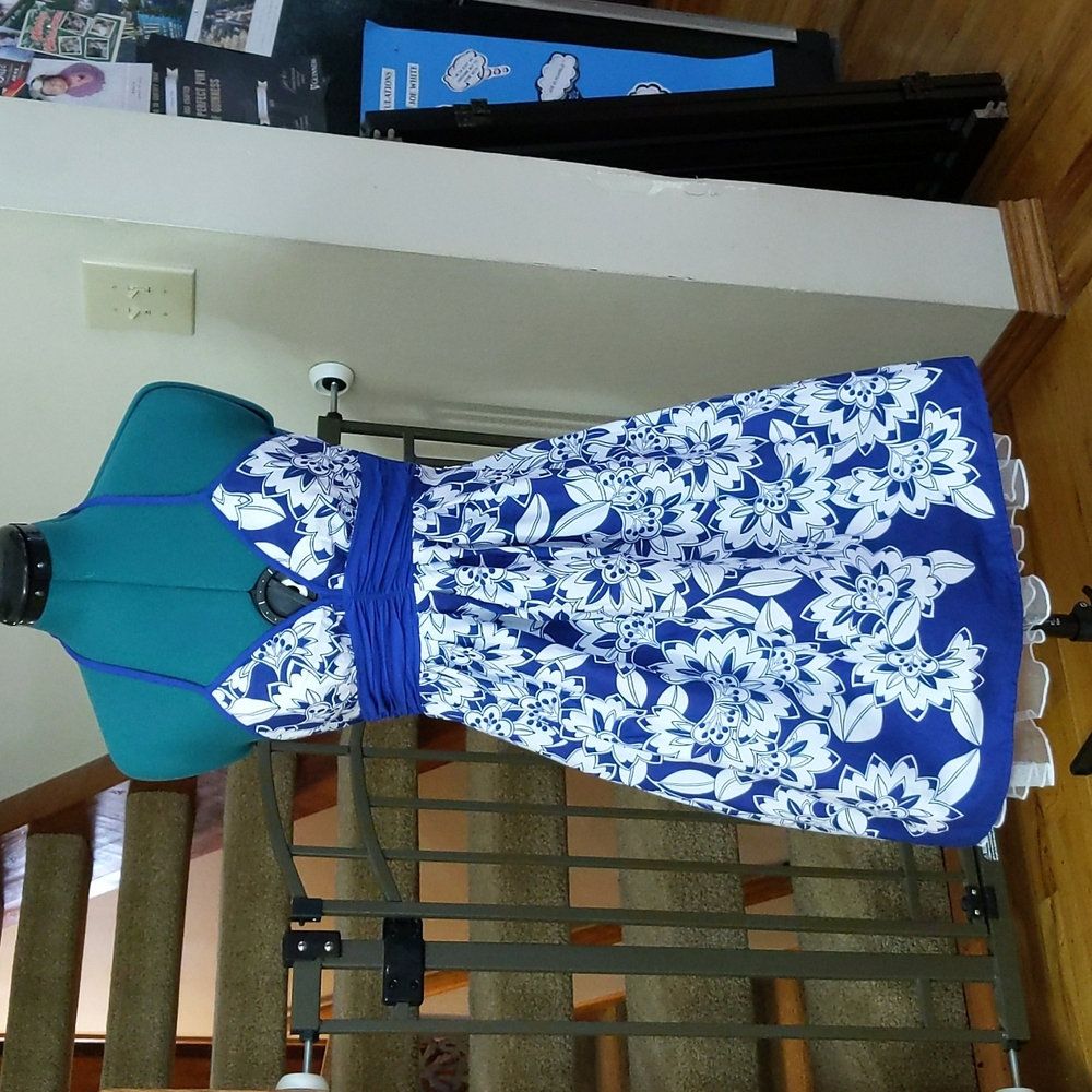 Blue and white halter dress with tulle detail